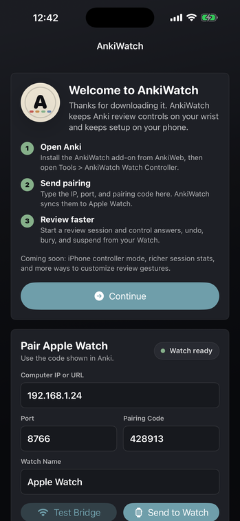 AnkiWatch iPhone companion pairing screen